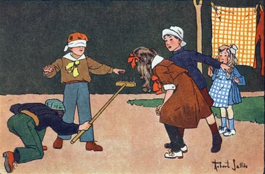 Colin maillard (colin-maillard). Gravação em "O que estamos a tocar? "por E. Weber com desenhos a aguarela de Robert Salles (1871-1929). Librairie Garnier Freres, Paris