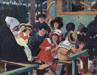 Puppet Show: As crianças no teatro de guignol são perturbadas por um bebé a chorar. Ilustração de Robert Salles (1871-1929) em "Je sais Lire".
