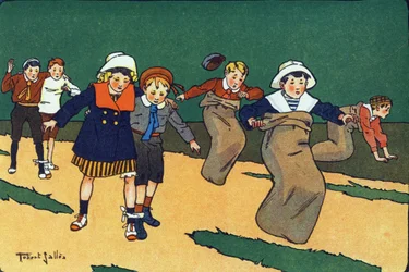 A corrida de sacos. Gravação em "O que estamos a jogar? "por E. Weber com desenhos a aguarela de Robert Salles (1871-1929). Librairie Garnier Freres, Paris
