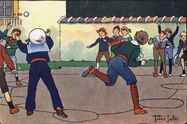 A bola no campo (ou bola de prisioneiro ou bola de caçador). Gravação em "O que estamos a jogar? "por E. Weber com desenhos a aguarela de Robert Salles (1871-1929). Librairie Garnier Freres, Paris