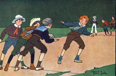 Os bares (jogo de equipa, no qual se tem de ir discretamente para o campo adversário simboliza por uma linha no chão para fazer prisioneiros). Gravação em "O que estamos a jogar? "por E. Weber com desenhos a aguarela de Robert Salles (1871-1929). Librairie
