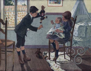 A educação do irmão mais novo: num quarto, um bebé sentado no colo da irmã mais velha olha para o boneco que o seu irmão acorda. Ilustração de Robert Salles (1871-1929) em "Je sais Lire".
