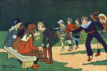 A gincana (curso em circuito experimental com árbitros). Gravação em "O que estamos a jogar? "por E. Weber com desenhos a aguarela de Robert Salles (1871-1929). Librairie Garnier Freres, Paris