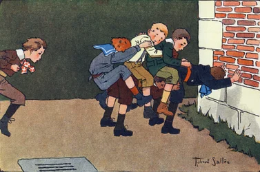 O cavalo derreteu (quando você salta, você tem que pular um califurchon nas costas de outra criança, sem bater nos outros). Gravação em "O que estamos a jogar? "de E. Weber com desenhos a aguarela de Robert Salles (1871-1929). Librairie Garnier Frere