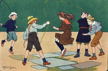 O salto tem a corda. Gravação em "O que estamos a jogar? "por E. Weber com desenhos a aguarela de Robert Salles (1871-1929). Librairie Garnier Freres, Paris