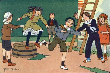 A mãe com compotas. Gravação em "O que estamos a tocar? "por E. Weber com desenhos a aguarela de Robert Salles (1871-1929). Librairie Garnier Freres, Paris