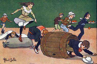 A corrida de obstáculos. Gravação em "O que estamos a jogar? "por E. Weber com desenhos a aguarela de Robert Salles (1871-1929). Librairie Garnier Freres, Paris