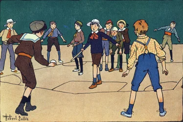 Theque (jogo de equipa com bola e pau). Gravação em "O que estamos a jogar? "por E. Weber com desenhos a aguarela de Robert Salles (1871-1929). Librairie Garnier Freres, Paris