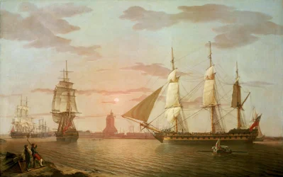 O navio indiano "Warley", um dos mais importantes navios da Companhia Britânica das Índias Orientais, descrito em três posições, ao largo de Blackwall (Inglaterra)