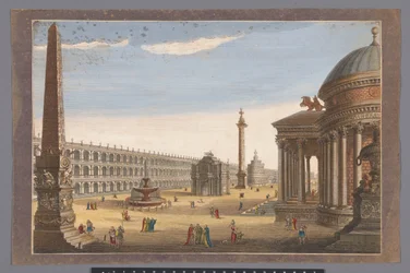 Vista de um obelisco, um arco triunfal, uma coluna e outras estruturas em Roma
Roma no seu esplendor original (título sobre o objecto)