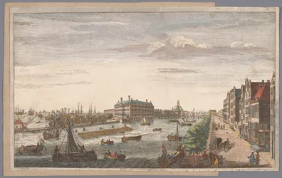 Gezicht op het Admiraliteitsmagazijn te Amsterdam Uma vista do Almirantado em Amsterdã, dos armazéns, cais e docas, pertencentes a ele, e à Companhia das Índias Orientais da Holanda (título no objeto)