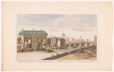 Gezicht op het Custom House en de Essex Bridge over de rivier de Liffey te Dublin
Uma perspectiva da Custom House, e da Ponte Essex, Dublin (título sobre o objecto)