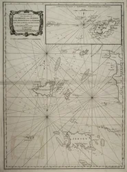 Carta geral das ilhas de Guernsey e Jersey, Sark, Herm, Jethou e Alderney, com o Cabo da Haia e os Caskets