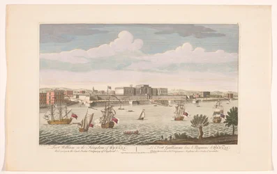 Vista de Fort William em Calcutá Fort William no reino de Bengala. Pertencente à Companhia das Índias Orientais da Inglaterra (título no objeto) Liquidações do VOC (título da série)