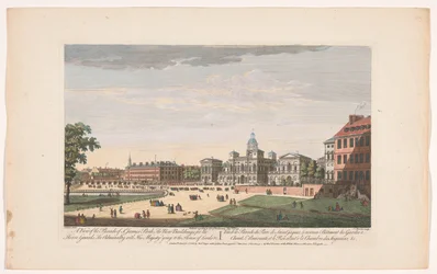 Vista do Desfile dos Guardas do Cavalo em Londres com a partida de George II Augustus, Rei da Grã-Bretanha, para a Câmara dos Lordes
Uma vista da Parada de St. James Park, os novos edifícios para os guardas de cavalos, o Almirantado com Sua Majestade indo