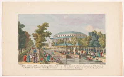 Vista do pavilhão Rotunda e chinês no canal em Ranelagh Gardens, Londres, com o baile de máscaras
Uma vista do canal, edifício chinês, Rotundo, &c. em Ranelagh Gardens, com a mascarada (título sobre o objecto)
Ranelagh Gardens e Vauxhall G