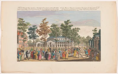 Vista da Rotunda em Ranelagh Gardens, Londres, com um baile de máscaras para assinalar o aniversário do Príncipe de Gales em 24 de Maio de 1751
Uma vista do Rotundo, Casa & Jardins em Ranelagh, com uma representação exack do baile do jubileu, como um