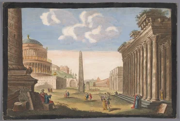 Vista das ruínas da Coluna de Trajano, o Arco de Constantino e outros monumentos em Roma Ruínas da Roma Antiga (título no objeto)