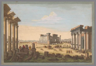 Vista das ruínas de monumentos em Palmyra vista do lado noroeste
Uma perspectiva geral de Palmira do noroeste (título sobre o objecto)