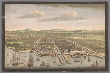 Gezicht op de stad Batavia A cidade de Batávia na ilha de Java e capital de todas as fábricas e assentamentos holandeses nas Índias Orientais (título no objeto) Nederzettingen van de VOC (título da série)