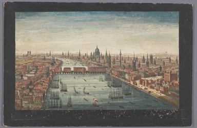 Gezicht op de stad Londen
Uma vista geral da cidade de Londres, junto ao rio Tâmisa (título sobre o objecto)
Londen (título da série)