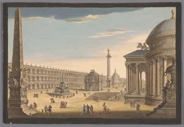 Vista de um obelisco, um arco triunfal, uma coluna e outras estruturas em Roma
Roma no seu esplendor original (título sobre o objecto)
