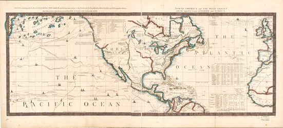 	Gráfico, contendo as costas da Califórnia, New Albion, e descobertas russas ao norte; com a península de Kamtschatka, na Ásia, em frente; e ilhas, dispersas sobre o Oceano Pacífico, ao norte da linha. América do Norte e o Ocidente