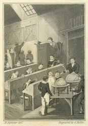 Nicholas Nickleby: Hall de Dotheboys, gravado por Samuel Bellin (1799-1893)