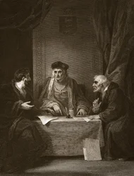 Henry VII com Empson und Dudley, gravado por Worthington, ilustração de "The History of England", de David Hume. por R. Bowyer, Londres, 1812