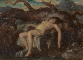 Mulher a dormir nua numa paisagem arborizada