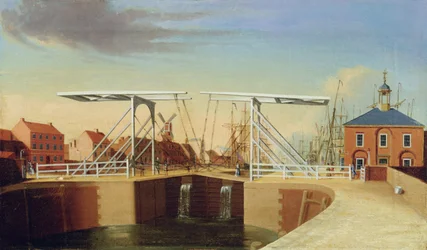 Vista leste da ponte e da nova doca em Kingston upon Hull (óleo sobre tela)