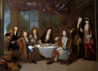 Pequeno-almoço de presunto. Homens da nobreza a partilhar um jantar de carnes frias. Pintura de Robert Levrac Tournieres (1667-1752)