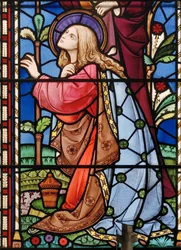 Bramcote, St Michael, detalhe da janela do leste, Heaton, Butler & Bayne, Bayne, Maria Madalena, 1862
