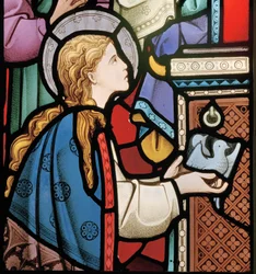 Maria oferecendo pombas no templo, detalhe da janela do leste, 1864 (vitral)