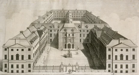 Vista aérea do Hospital Guys, Southwark, com figuras no pátio, gravada por William Henry Toms, c.1756