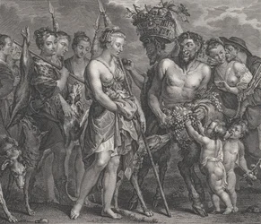 Diana voltando da perseguição, acompanhada de cães e suas ninfas à esquerda, dois sátiros..., ca. 1808