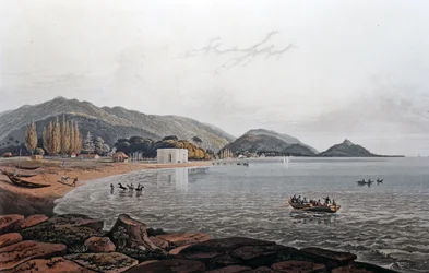 Vista da Praia do Norte a partir da Casa do Conselho, Ilha do Príncipe de Wale (sic), c.1820 (água-tinta colorida)