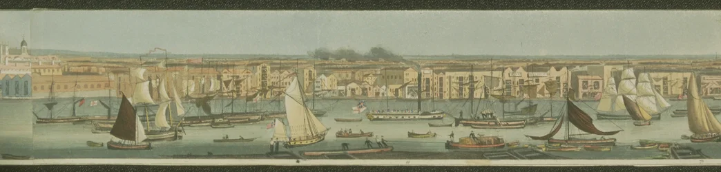 Vista panorâmica do rio Tâmisa, de sua margem sul em Bermondsey, mostrando Stepney, 1823 (aquatint)