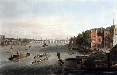 Uma vista da ponte Westminster e do Palácio Lambeth, pub. 1820 por Colnaghi & Co. (gravura)