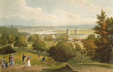 Uma vista de Londres tomada do parque de Greenwich, bar. 1820 por Colnaghi und Co. (aquatint)