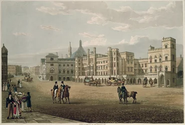 Vista da Câmara dos Lordes e das terras comuns, da jarda velha do palácio, bar. 1821 por Colnaghi und Co. (aquatint)