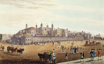 Vista da torre de Londres e da hortelã, bar. por Colnaghi und Co, 1821 (colorido colorido)