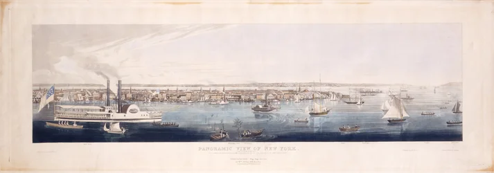 Vista panoramic, de, nova iorque, levado, de, a, norte, [Hudson], rio, 1844, (hand-colored, etching, e, aquatint, quinta, state)