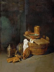 Nature morte avec des ustensiles de cuisine - Natureza morta com utensílios domésticos, de Hoecke, Robert van den (1622-1668). Óleo sobre madeira
