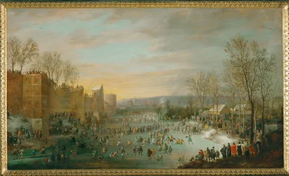 Patinagem no fosso da cidade de Bruxelas, Bélgica, com o arquiduque Leopold Wilhelm, governador, a observar a partir da sua carruagem (pintura sobre madeira de carvalho)