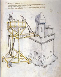 Arte da guerra: estudo sobre máquinas militares. torre de assalto usada para sitiar torres, ilustração retirada de 