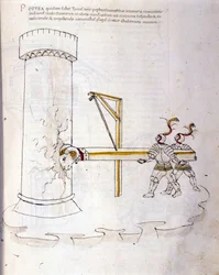 Arte da guerra: estudo sobre máquinas militares. uso do campanário para sitiar uma torre, ilustração de 