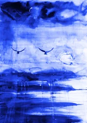 Pássaros sobre o horizonte azul