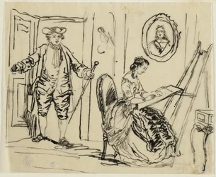 Interior com homem e mulher em trajes do século XVIII