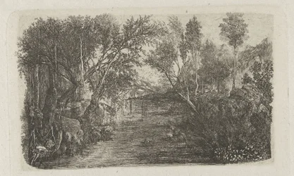 Paisagem com riacho e árvores nas margens Le Cours d